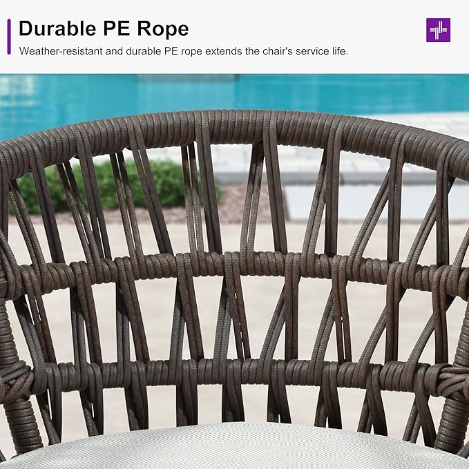 PURPLE LEAF Outdoor Rattan 29" Bar Stools Set of 2, Modern Boho Aluminum Patio Bar Height Chair with Cushion and Back for Garden Outdoor and Indoor, Coffee