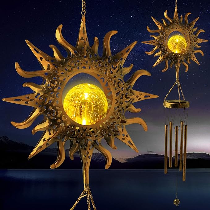 Solar Sun Light Wind Chimes for Outside for Women Gifts for Mom Grandma Wife Birthday Gift Crackle Glass Ball Windchimes Gardening Gift for Outdoor Patio Decor Yard Porch Decorations