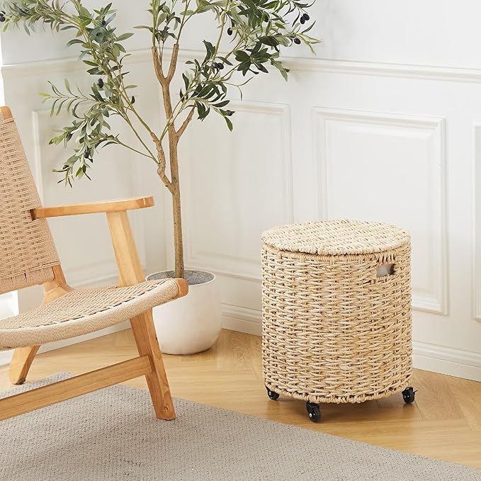 Wimarsbon Round Pouf Ottomans, Handwoven Natural Water Hyacinth Seagrass Pouffe,Outdoor Rattan Stool Accent Seat, Bohemian Coastal Home Decor (Storage Ottoman - Corn Husk)
