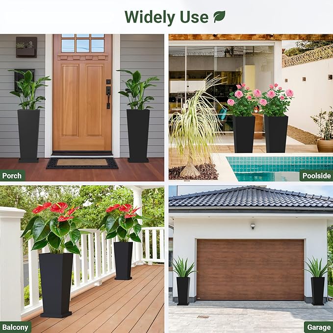Tall Outdoor Planters Set of 2, 24 inch Tall Planters for Outdoor and Indoor, Metal Tapered Pots with Drainage Holes & Insert Shelves & Trays for Porch, Garden, Patio, Yard