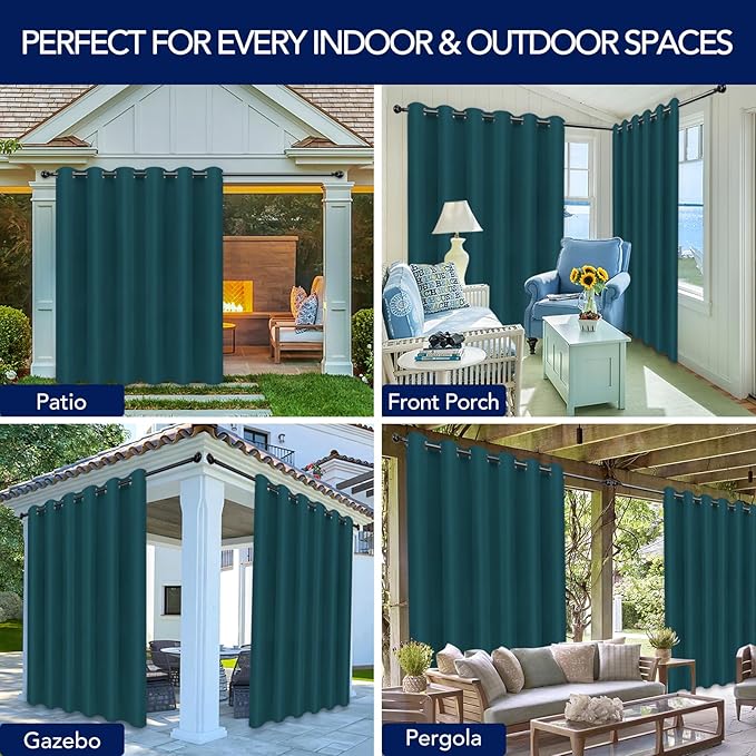 PureFit Outdoor Curtains for Patio Waterproof Weatherproof, UV Resistant Outside Curtains for Gazebo, Front Porch, Pergola, Sun Blocking Privacy Curtain, 100W x 120L inch, 1 Panel, Teal
