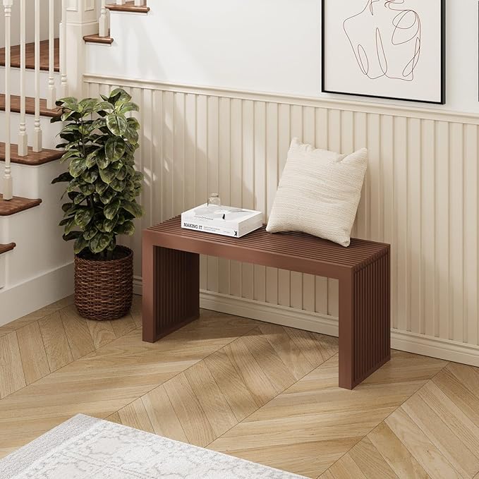 Bamboo Dining Bench, 35 inch Farmhouse Decor Indoor Kitchen Table Bench, Entryway Shoe Rack Bench, Outdoor Bench, Solid Bamboo Benches for Living Room, Hallway, Bedroom, Bathroom (Walnut, Long)