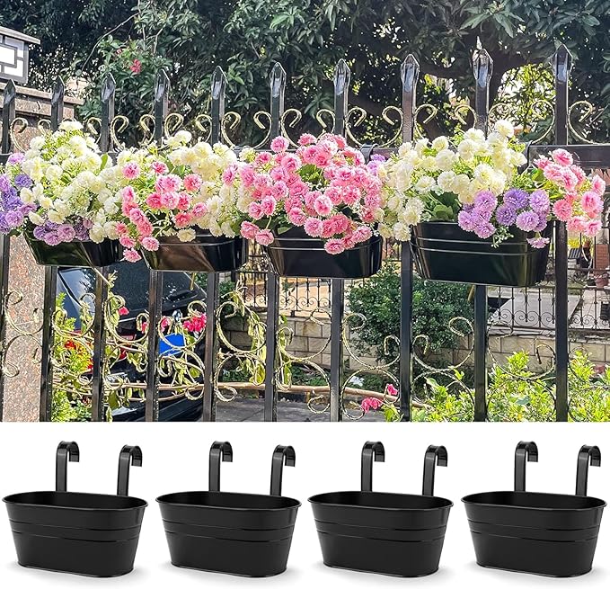 OGIMA 8pcs Hanging Planters Flower Pots, Metal Iron Wall Planter Indoor/Outdoor for Railing Balcony Garden Home Decoration with Detachable Hooks