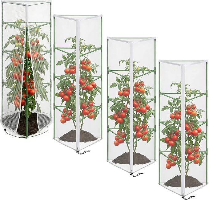 4 Pcs Garden Bird Netting for Triangle Plant Cage, 59" x 20" x 20" Tomato Cage Garden Net Cover with Zipper, Tomato Trellis Insect Bird Barrier Protection Mesh for Vertical Climbing Plant Vegetable