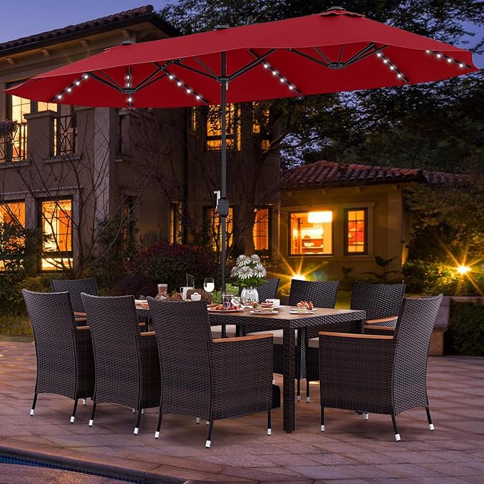 Tangkula 11 Pieces Patio Dining Set with 15ft Double-Sided LED Patio Umbrella (Base Included), Outdoor Rattan Furniture Set with 8 Stackable Chairs, Acacia Wood Dining Table and Umbrella (Wine)