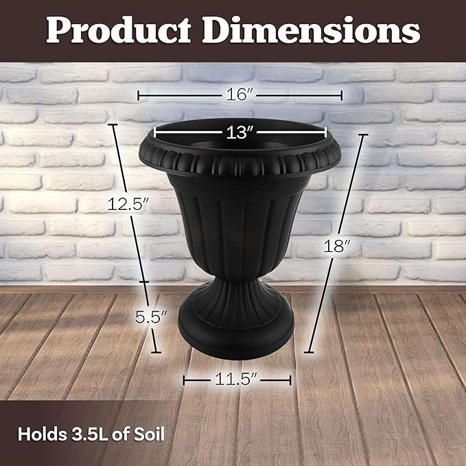 Outdoor Planter 2-Pack - 16x18-Inch Urn Planters - Plastic Plant Pots for Indoor, Outdoor, or Front Porch Decor - Flower Pots by Pure Garden (Black)