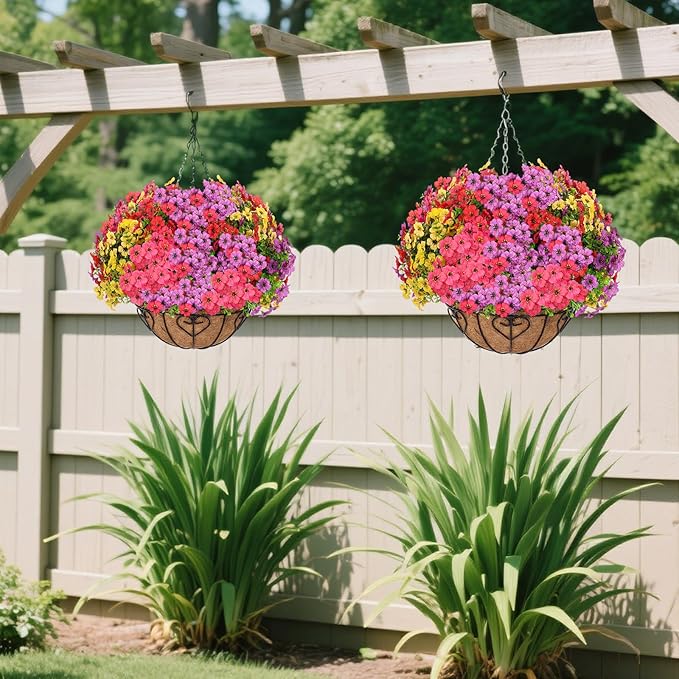 Artificial Hanging Flower for Outdoors, Fake Hanging Basket for Outside,1 Hanging Basket with 13 Pcs Faux Silk Flowers for Porch, Balcony and Patio Decor(Mixed)