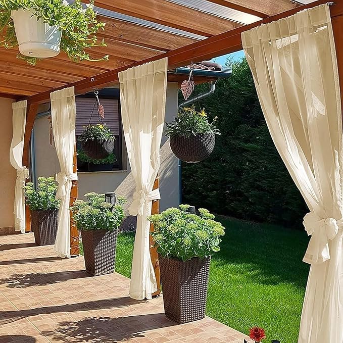 SpaceDresser Waterproof Outdoor Sheer Curtains for Patio - 2 Panels Rod Pocket Indoor Voile Sheer Curtain for Living Room,52W x 120L inch,Beige