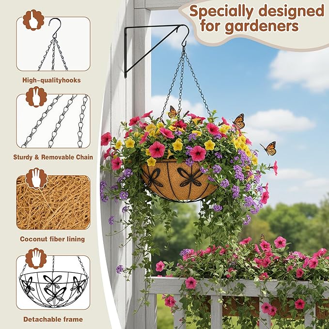 12 inch Metal Hanging Baskets For Plants Outdoor 4 Pack Round Metal Wire Hanging Basket Planter with Coco Fiber Liners Chain Round Wire Plant Holder for Garden, Patio, Deck, Porch Plants Flower Potss