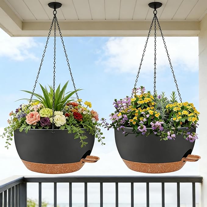 2 Pack 12 Inch Self Watering Hanging Planters for Indoor Plants, Large Black Brown Plastic Hanging Pots with Chains for Outdoor Patio Garden Home Decor Black Brown