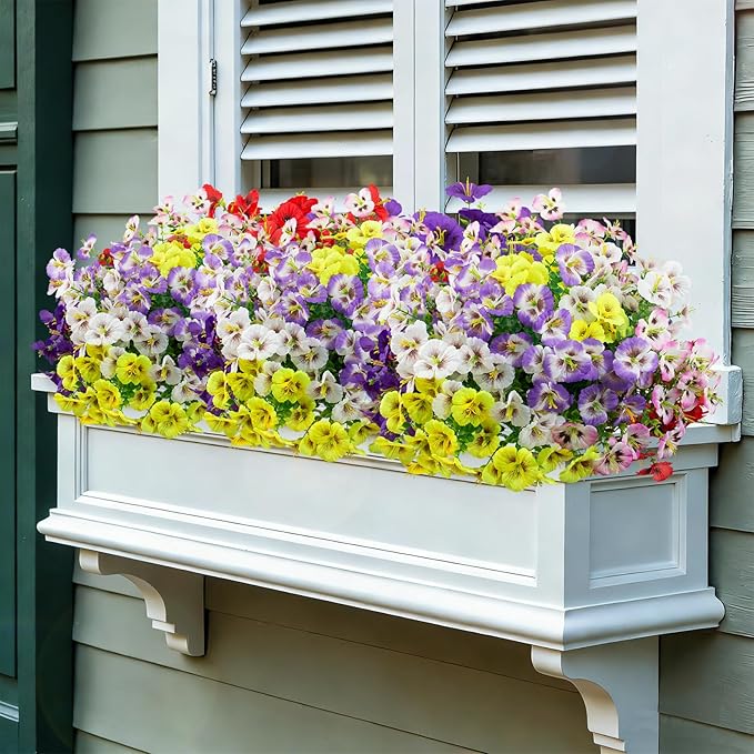 24 Bundles Artificial Pansy Flowers for Outdoor, Faux Silk Pansies Spring Flowers Outside for Planter Front Door Porch Patio Yard Window Box Home Decor (Purple, Yellow, White,Red)