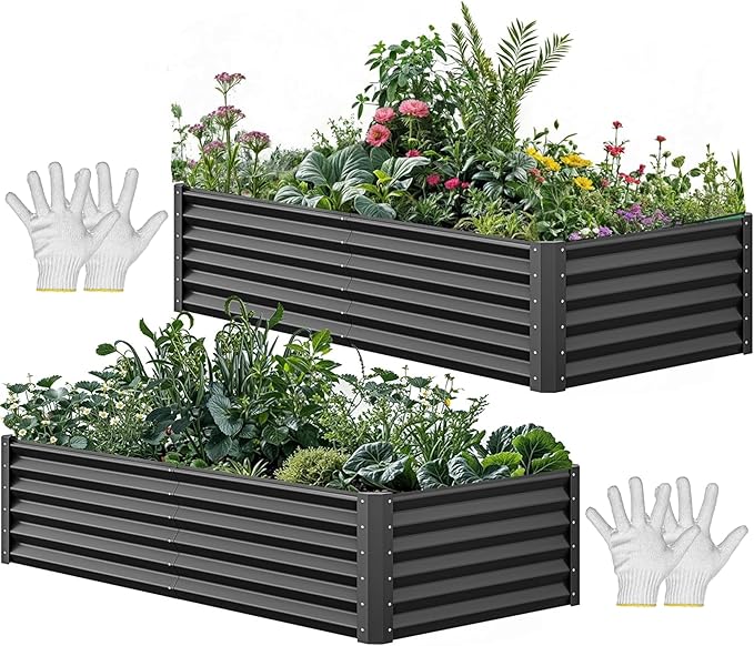 YITAHOME 72x36x18 in 2pcs Galvanized Raised Garden Bed Kit, Large Metal Planter Box with Gloves & Support Rod, Outdoor Flower Bed for Plants Vegetables, Black