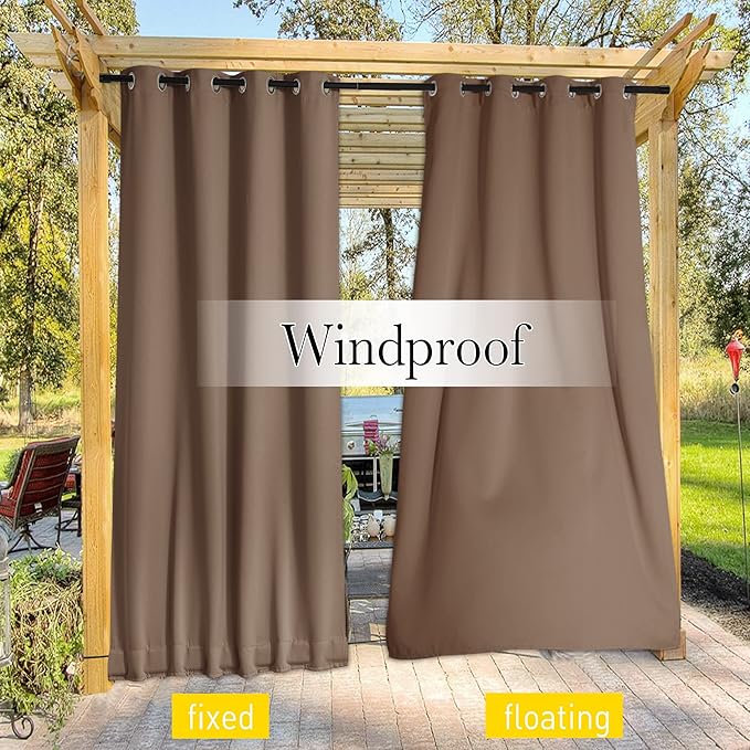 NICETOWN 2 Panels Blackout Patio Waterproof Outdoor Curtains, Thermal Insulated Top & Bottom Grommet & Back Tab Windproof Light Block Drapes Privacy for Pergola with Fixed Ropes, W46 x L80, Tan-Khaki