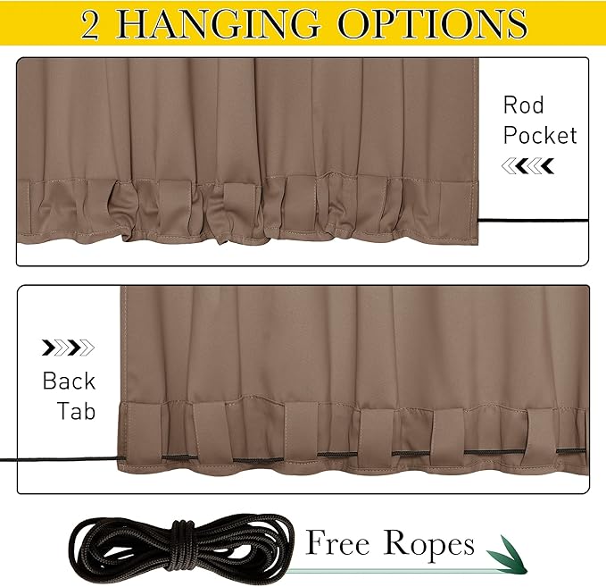 NICETOWN 2 Panels Blackout Patio Waterproof Outdoor Curtains, Thermal Insulated Top & Bottom Grommet & Back Tab Windproof Light Block Drapes Privacy for Pergola with Fixed Ropes, W46 x L80, Tan-Khaki