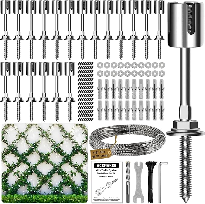 Wire Trellis for Climbing Plants Outdoor, 20-Set Wall Wire Trellis Kit with 1/8in x 98ft Stainless Steel Cable, T316 Espalier System for Fence and Garden DIY Projects