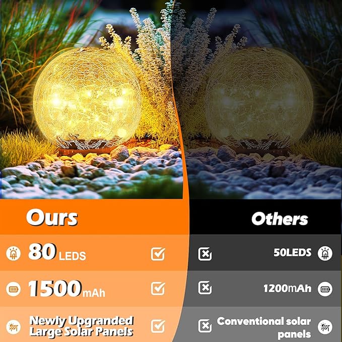 Coroor Garden Solar Ball Lights Outdoor Waterproof, 80 LED Cracked Glass Globe Solar Power Ground Lights for Path Yard Patio Lawn, Halloween Christmas Decoration Landscape Warm White(2 Pack 5.9'')