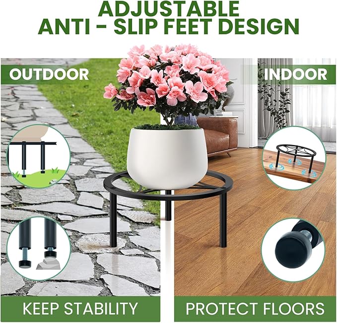 TOSKING Heavy Duty Metal Plant Stand - 7.9-inch Round Tray with Geometric Pattern, Adjustable Leveling Feet & Rust-Resistant Finish for Indoor/Outdoor Use