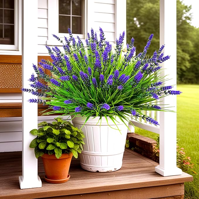Artificial Plants Outdoor, 22 Pcs Fake Flowers UV Resistant Outdoor Artificial Lavender Flowers, Plastic Faux Plants for Porch Garden Planter Yard Window Box