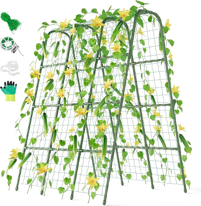 Miory Cucumber Trellis for Raised Beds, 48 x 63 Inch Metal U-Frame Garden Trellis for Climbing Plants Outdoor with Climbing Net, Plant Support for Cucumber Tomato Bean Pea