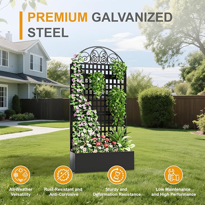 Metal Raised Garden Bed with Trellis, 79"x40"x11.8" Planter Box with Privacy Screen for Patio Deck, Freestanding Divider Fence with Drainage Holes for Climbing Plants Vines & Vegetable
