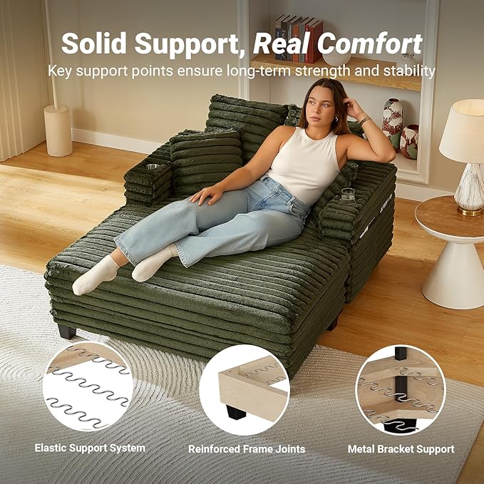 64" Chaise Lounge Chair Indoor, Oversized Sleeper Chair with Wood Frame, Upholstered Sofa Bed for Living Room, Movie Room, Bedroom with 4 Storage Pockets&2 Cup Holders(Plush Corduroy, Green)