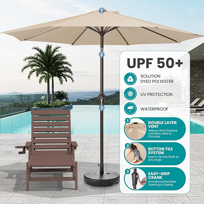 SERWALL Patio Chaise Lounge Chair Set of 2 with 9FT Patio Umbrella, 78'' HDPE Outdoor Lounger, Poly Lounge Chair with Rolling Wheels & Cup Holder for Pool,Coffee Brown (Umbreall Base not Included)
