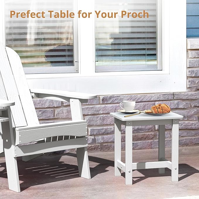 LUE BONA Outdoor Side Table Set of 2, HDPS Small Outdoor Table, Adirondack Side Table, Outside End Table for Patio, Porch, Deck, Pool, Weather Resistant/Easy Maintenance/Indoor or Outside Use, White