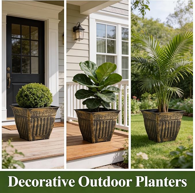14 Inch Vintage Square Planter - 4 Pack Heavy Duty Antique Gold Plastic Flower Pot with Drainage & Raised Base, Retro Distressed Style Plant Container for Outdoor Patio, Porch, Indoor (7 Gallon)