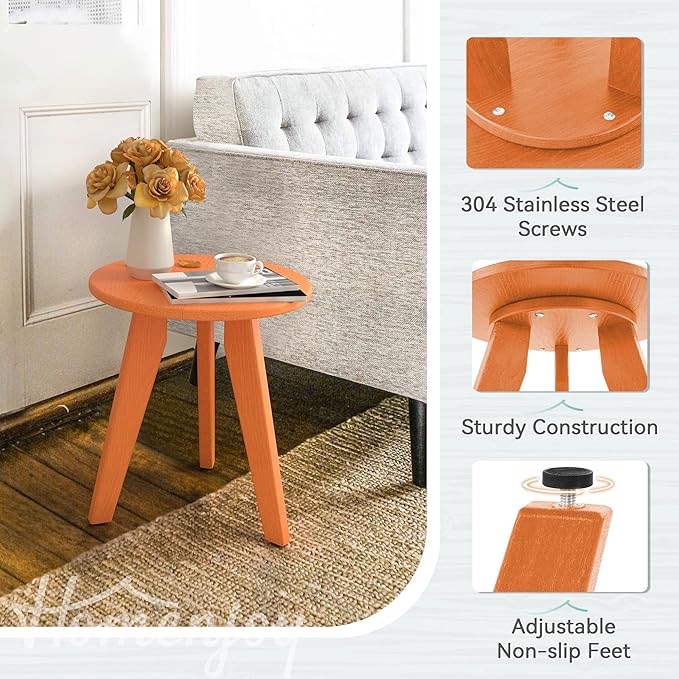 HDPS Outdoor Side Table, Small Round Side Table Weather-Resistant, Outdoor Side Tables for Patio, Porch, Deck, End Table for Plant Stand, Living Room, Bedroom, Orange