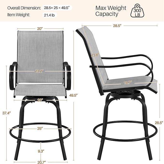 Yaheetech Patio Swivel Barstools Outdoor Chairs Set of 2, High Bistro Stools Outdoor Furniture, All-Weather Patio Stools for Outside, Beach, Lawn, Poolside and Garden, Black/Light Gray