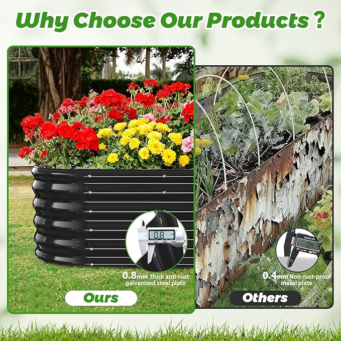 17" Tall Outdoor Garden Raised Garden Bed Kits, 4ft X 2ft Oval,0.8MM Thick Metal Raised Planter Bed/Ground Planter Box for Variety of Flowers,Herbs,Vegetables (Black, 48X24X16.5 Inches)
