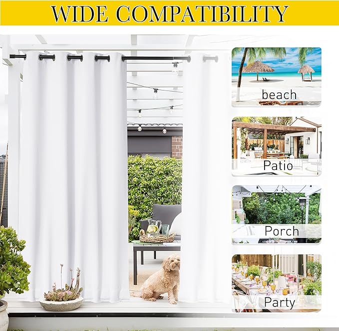 NICETOWN 2 Panels Outdoor Curtains Waterproof Fixed Grommet/Back Tab on Top & Bottom, Thermal Insulated Windproorf Sun Blocking Outdoor Drapes with Rope for Patio/Gazebo, W52 x L84, Pure White