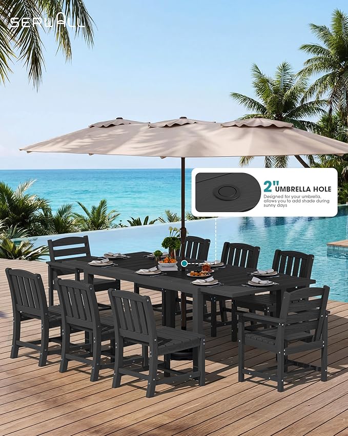 SERWALL 7-Piece Outdoor Dining Set, 60" - 83" Expandable Outdoor Dining Table and 6 HDPE Chairs, All Weather HDPE Outdoor Furniture Set for Backyard, Garden, Black