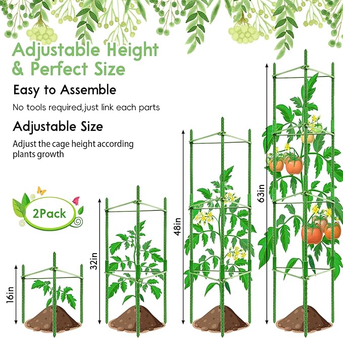 Riare 2 Pack 5.2 FT Tomato Cages for Garden- 63inches Heavy Duty Garden Stakes, Adjustable Tall Tomato Plant Support Tomato Trellis Cage for Pots, Raised Garden Bed, Climbing Vegetables Plants Flowers