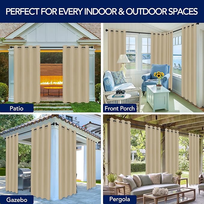 PureFit Outdoor Curtains for Patio Waterproof – Weatherproof, UV and Fade Resistant Outside Curtains for Gazebo, Front Porch, Pergola, Sun Blocking Privacy Curtain, 52W x 120L inch, Set of 2, Beige