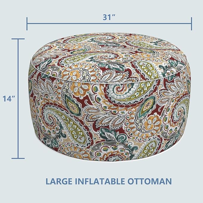 LVTXIII Outdoor Inflatable Ottoman, Fade-Resistant Round Footrest Stool D31”x H14”, Portable Patio Pouf for Garden Camping or Home Use, Paisley Chilli