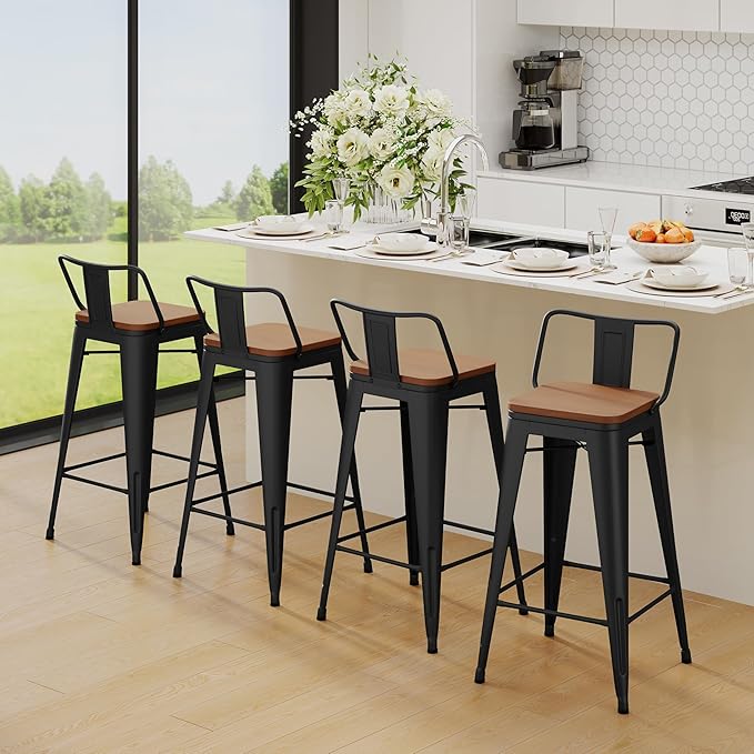 Yongchuang 30 inch Bar Stools Set of 2 Bar Height Metal Barstools with Wood Seat Low Back Kitchen Bar Chairs Matte Black