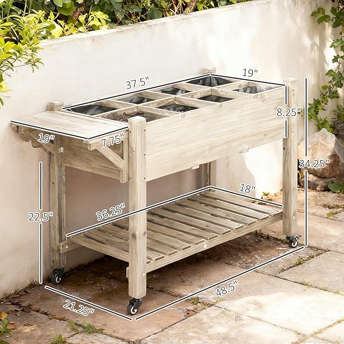 Outsunny Raised Garden Bed with 8 Grow Grids, Wooden Outdoor Plant Box Stand with Folding Side Table and Wheels, 49" x 21" x 34", for Vegetables, Flowers, Herbs, Natural