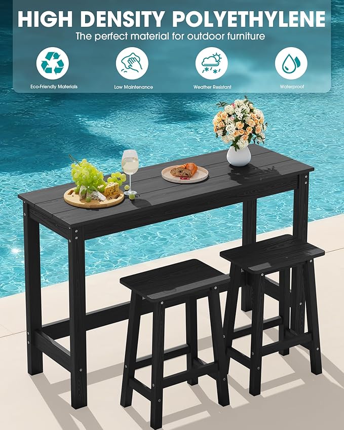 SERWALL 3-Piece Outdoor Bar Set, Rectangular All Weather HDPE Bar Height Patio Set, Outdoor High Top Table and Stools for for Outside, Poolside, Backyard, Garden, Black