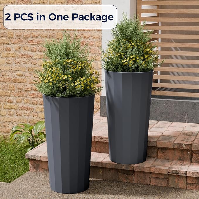 23.6" Tall Outdoor Planters Set of 2, Large Planters for Outdoor Plants for Porch Decor with Drainage Hole, Wide Stripe Design Porch Flower Pots for Indoor Pot Patio/Garden, Gray Blue