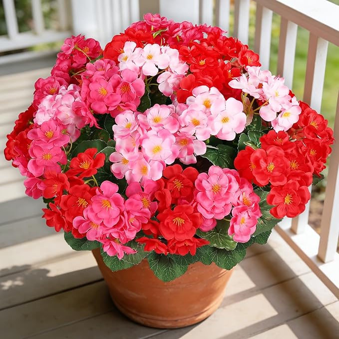 Artificial Geraniums Flowers for Outdoors, 6 Bundles Realistic Silk Fake Geranium, No Fade Faux Plants for Hanging Baskets, Window Boxes, Planters - Porch, Patio, Garden Decor(Mix Colors)