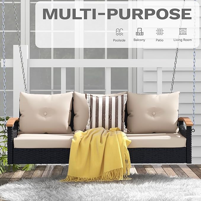 DWVO 3 Seats Porch Swing Hanging Bench Swing Outdoor Wicker Patio Swing Lounge Front Rattan for Garden, Balcony, Black&Beige