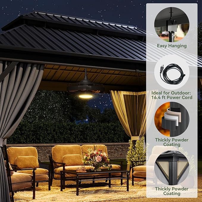 Aoxun 12'x16' Hardtop Gazebo, Aluminum Frame Canopy with Double Galvanized Steel Roof, Outdoor Metal Pavilion with Netting Curtains and 20 inch Ceiling Fans with Lights for Backyard, Patio and Deck
