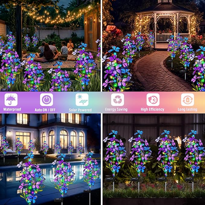 Solar Garden Lights Outdoor Waterproof, 6 Pack Solar Butterfly Lights with 60 LED 12 Butterfly Colorful Lighting for Garden Yard Lawn Outdoor Decor, Gift for Mom Women Mother's Day