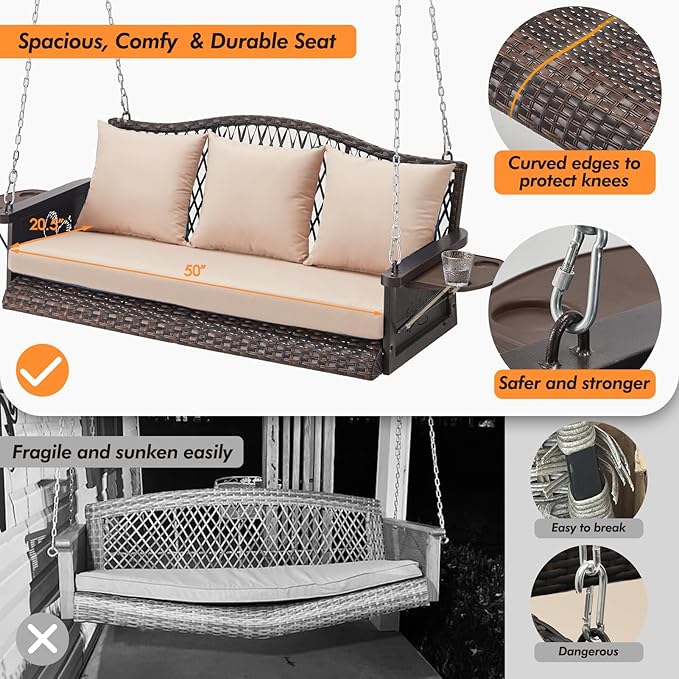Upgraded Wicker Hanging Porch Swing Heavy Duty 900lbs 3-Seat Outdoor Patio Swing Chair Bench for Adult w/ 8.9ft Hanging Chains Cushions and Cup Holder