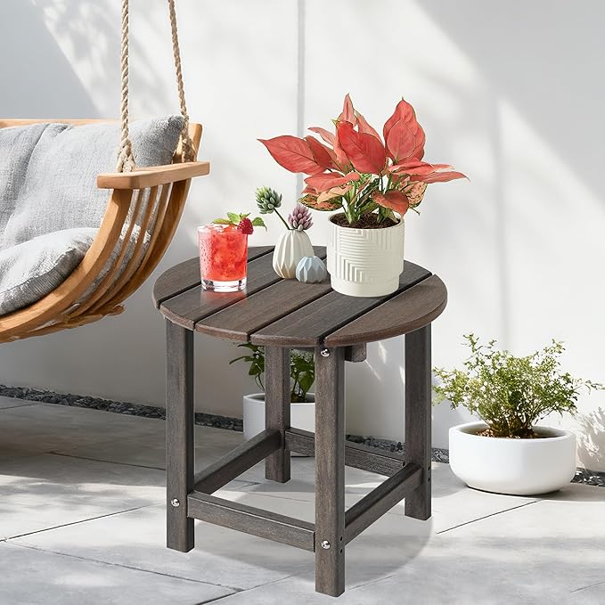 LZRS Round Adirondack Patio Side Table End Table, Outdoor Side Tables for Patio, Backyard,Pool, Indoor Companion, Easy Maintenance & Weather Resistant(Brown Mixture)