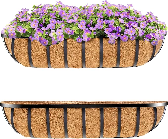 HFHOME 30" Window Box Deck Railing Planter with Horse Trough Coco Liners, Black Metal Hanging Flower Planters Baskets for Indoor, Outdoor, Balcony, Porch, Fence, Patio, and Lawn (Set of 2)