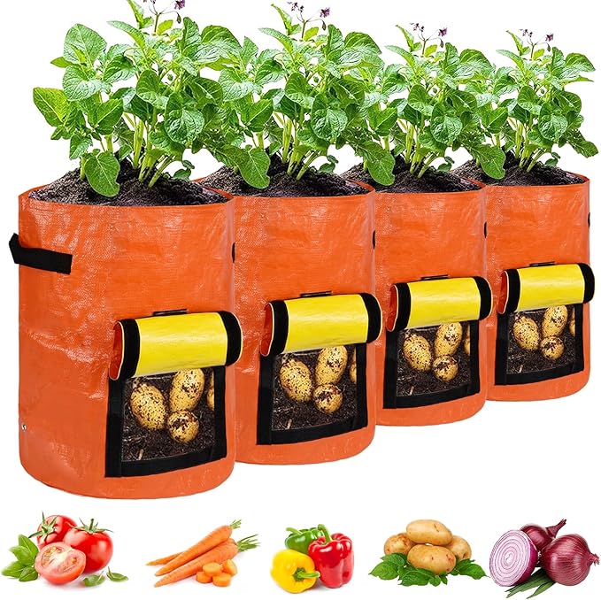 JJGoo Potato Grow Bags, 4 Pack 10 Gallon with Flap and Handles Planter Pots for Onion, Fruits, Tomato, Carrot - Orange