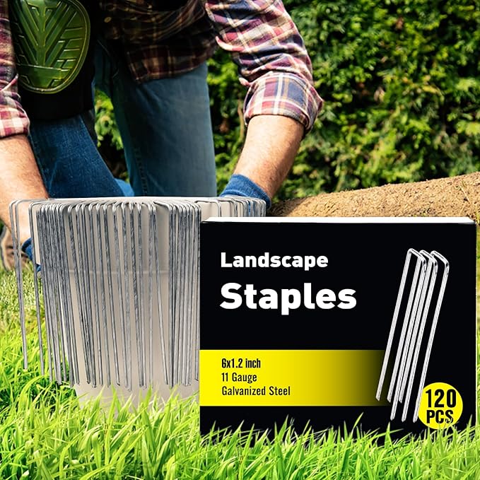 HongWay 120 Pack 6 Inch Landscape Staples 11 Gauge Garden Staples, Galvanized Ground Stakes SOD Pins, Lawn Yard Stakes for Gardening Plant Support Tent Fence Landscaping Fabric Outdoor Decorations