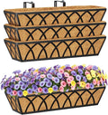 HFHOME 24 inch Window Deck Rail Planter with Coco Liner, 24" Dia Window Box Trough with Coconut Coir Liners, Black Metal Hanging Flower Planter Basket for Indoor Outdoor Lawn - Set of 4